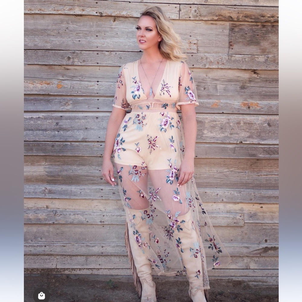 Gorgeous nude embroidered maxi romper